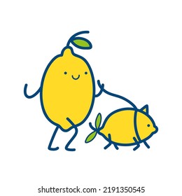 Cartoon lemons vector illustration.  Yellow and green logo, label. Organic summer lemons.
