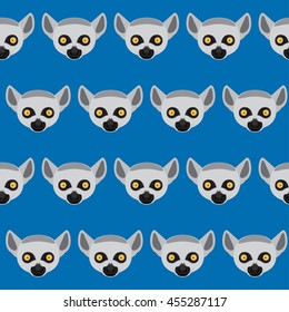 Cartoon lemur portrait isolated on blue seamless pattern background.