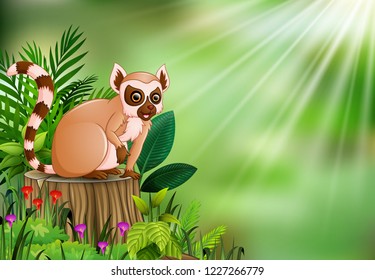 Cartoon of lemur sitting on tree stump with green leaves and flowering plant