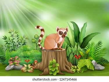 Cartoon of lemur sitting on tree stump with green plants