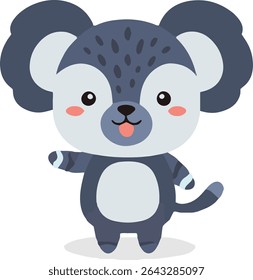 A cartoon lemur with a spotted head, light gray face, and a small tail is standing with its tongue sticking out.