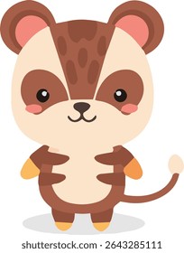 Um lêmure de desenho animado fica em pé, com pelo marrom, bochechas rosadas e uma pequena cauda. O lêmure tem um peito e rosto de cor creme.
