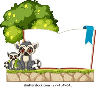 Cartoon lemurs sit beside open blank book, tree backdrop, bright colors, vector illustration