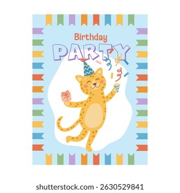 Cartoon leopard birthday party invitation template. Concept of celebration fun. Hand-drawn vector illustration in flat style.