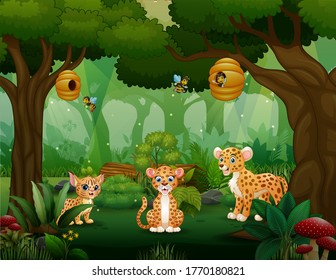Cartoon leopard family playing in the middle of forest