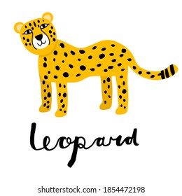 Leopardo de las caricaturas en un estilo plano aislado en un fondo blanco. Gato salvaje africano. Dejando. Ilustración vectorial.  