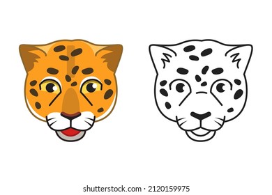 Cartoon leopard head in color and line. Coloring book for kids