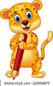 Cartoon leopard holding red pencil