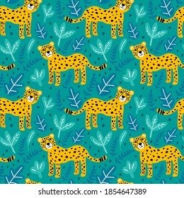 Cartoon leopard in the Jungle in flat style seamless pattern. Tropical background. Wild African cat. Vector illustration.  