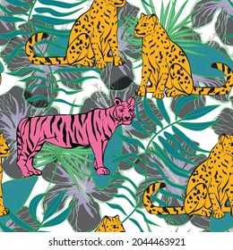 Cartoon Leopard and Leaf Vector Seamless Pattern. Summer Tiger and Leaves Background. Exotic Illustration. Cheetah Bright Animal Print.