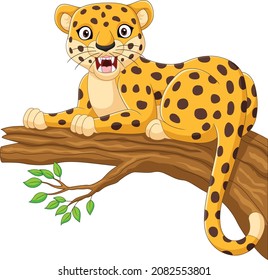 Cartoon leopard lying on a tree branch 