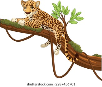 Cartoon leopard lying on a tree branch 