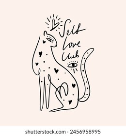 Cartoon leopard and motivation quote beautiful lettering calligraphy note clipart handwritten text vector illustration. Self Love Club inspirational quote. Letters groovy font design for banner