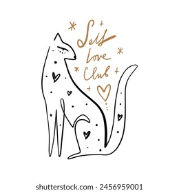 Cartoon leopard and motivation quote beautiful lettering calligraphy note clipart handwritten text vector illustration. Self Love Club inspirational quote. Letters groovy font design for banner