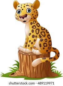 Cartoon leopard sitting on tree stump