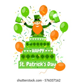 Cartoon leprechaun with beer, big cake, clover, confetti and balloons. Happy St. Patrick's Day. Isolated vector illustration. Holiday banner. Funny postcard. 