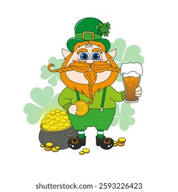 Cartoon leprechaun with beer and gold coin. St. Patrick's Day post card, decorative element. Shamrock luck symbol.