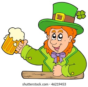 Cartoon leprechaun with beer - vector illustration.