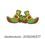 Cartoon leprechaun boots, Saint Patrick day items. Isolated vector green, buckled shoes, pointed at the toes, with shamrock symbols. Irish folklore dwarven footwear for silent movement or swift travel