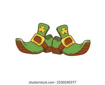 Cartoon leprechaun boots, Saint Patrick day items. Isolated vector green, buckled shoes, pointed at the toes, with shamrock symbols. Irish folklore dwarven footwear for silent movement or swift travel