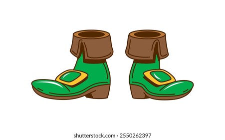 Botas de leprechaun de dibujos animados, objetos de vacaciones groovy retro del día de San Patricio. Zapatos de Vector verde aislados, abrochados. Icónico calzado enano en el folclore irlandés, que simboliza la legendaria travesura y la magia