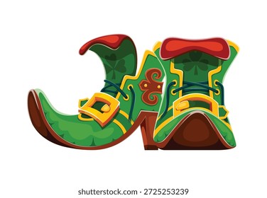 Cartoon leprechaun boots, Saint Patrick day items. Isolated vector green, buckled shoes, pointed at the toes, with shamrock symbols. Irish folklore dwarf footwear for silent movement or swift travel
