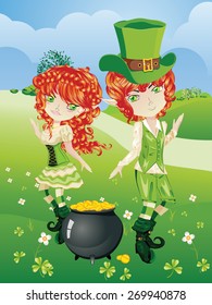 Cartoon leprechaun boy and girl with treasure pot on a grass field.