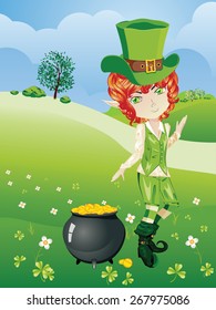 Cartoon leprechaun boy with treasure pot on a grass field.
