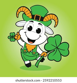 A cartoon leprechaun celebrating St Patrick's Day with a shamrock, wearing a green hat and holding a cloverleaf isolated on a white background