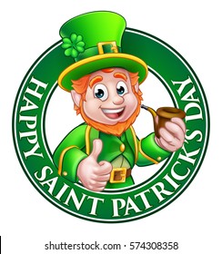 Cartoon Leprechaun character in a circle reading happy St Patricks Day giving a thumbs up and holding a pipe