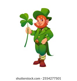 Cartoon leprechaun character with shamrock clover for Irish St Patrick day, vector personage. Saint Patrick Day or Ireland Celtic culture cartoon character of leprechaun man with lucky shamrock clover