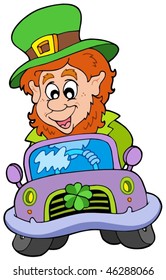 Cartoon leprechaun driving car - vector illustration.