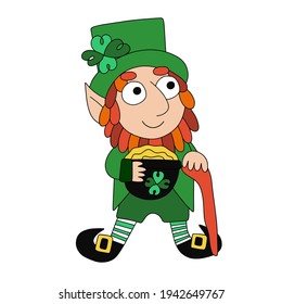 Leprechaun de caricatura con cuatro trébol de hojas, maceta de oro y chapa de chapa de chapa de vectorial. Divertido personaje de folklore irlandés dibujado a mano con una colorida ilustración. Aislado blanco de Patrick's Day