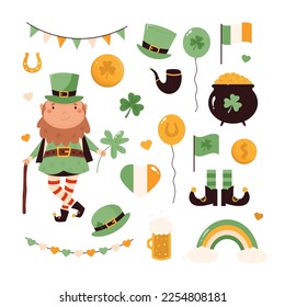Cartoon leprechaun girl n traditional costume and holiday elements, symbol. St Patricks day card. Funny Irish character and stickers isolated on white background