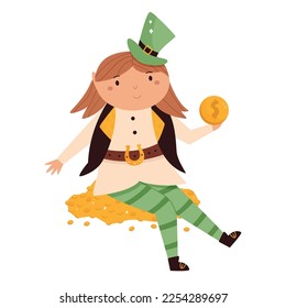 Cartoon leprechaun girl in traditional costume and top hat sitting on a pile of gold. St Patrick's day card. Funny Irish character isolated on white background