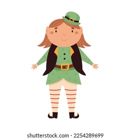 Cartoon leprechaun girl in traditional costume and cauldron hat. St Patrick's day card. Funny Irish character isolated on white background
