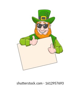 Cartoon leprechaun in glasses with a banner St. Patrick's Day. Vector illustration isolated on a white background. Leprechaun gestures cool with a beard and a hat.