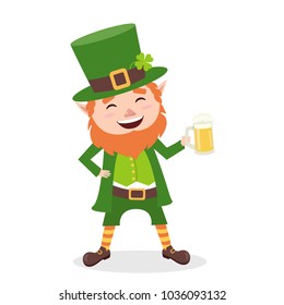 Cartoon Leprechaun in green frock coat and top hat with mug of light beer. Saint Patrick´s Day card. Vector illustration. Traditional Irish holiday character. Isolated on white background