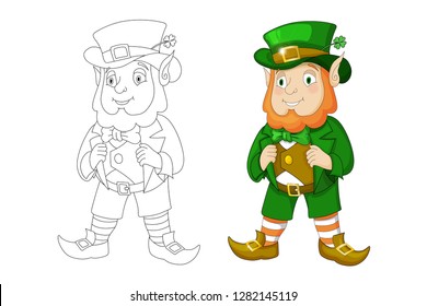 Cartoon Leprechaun in green frock coat and top hat with four-leaf clover. Saint Patricks Day card. Traditional Irish holiday character. Coloring book vector illustration lsolated on white background