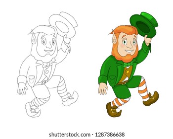 Cartoon Leprechaun in green frock coat and top hat dancing. Saint Patricks Day card. Traditional Irish holiday character. Coloring book vector illustration lsolated on white background