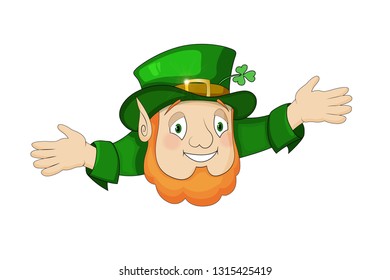 Cartoon Leprechaun in green frock coat with hat and cheerful presentation. Saint Patricks Day card. Traditional Irish holiday character. Vector illustration lsolated on white background
