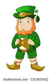 Cartoon Leprechaun in green frock coat and top hat with four-leaf clover. Saint Patricks Day card. Traditional Irish holiday character. Vector illustration lsolated on white background