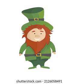 Cartoon Leprechaun in green frock coat and top hat. Saint Patricks Day card. Vector. Traditional Irish holiday character on white background