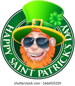 Una caricatura de Leprechaun en un diseño del día feliz de San Patricio que usa tonos fríos o gafas de sol