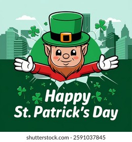 Cartoon Leprechaun Happy St Patricks Day. A cute Leprechaun cartoon character breaking through the background with Happy St Patricks Day message vector illustration.