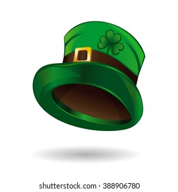 Cartoon leprechaun hat isolated on white background. Leprechaun hat icon. Green leprechaun hat with gold buckle and clover leaf. Vector illustration.