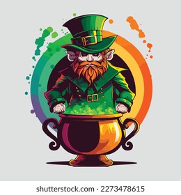 Cartoon leprechaun in a hat near a pot with a potion. Images for St. Patrick's Day and more. Vector hand drawn style. Sticker, tattoo or graffiti style