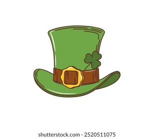 Cartoon leprechaun hat, Saint Patrick day holiday accessory. Isolated vector retro green top hat of dwarf. Fantasy elven cap in vibrant emerald hue, adorned with a shamrock or clover plant and buckle