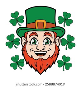 Cartoon Leprechaun Head with Clover Leaves