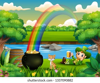 Cartoon leprechaun holding a beer on the nature background